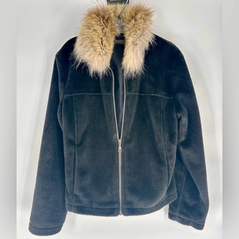 Women's Black Jacket with Fur Collar Tsunami Wool Blend Size M - Picture 3 of 5
